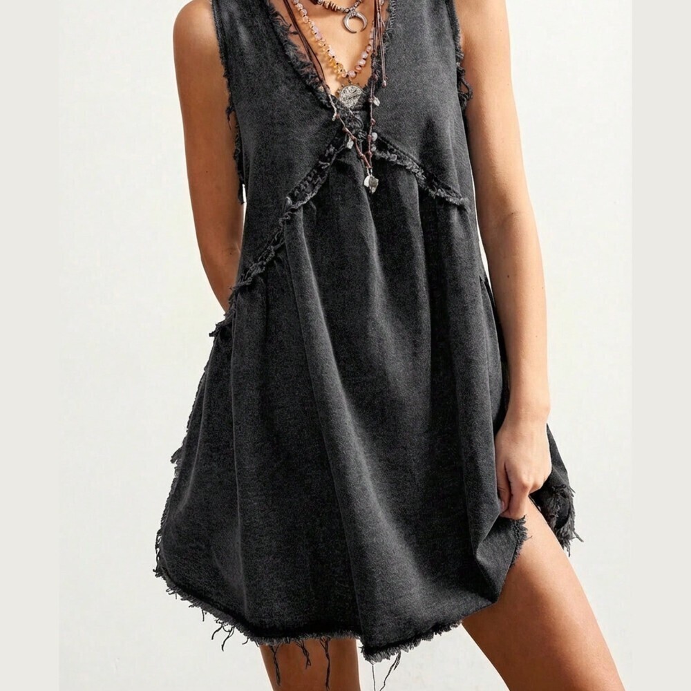 Charcoal Denim Mini Dress with Distressed Edges - Picture 4 of 7